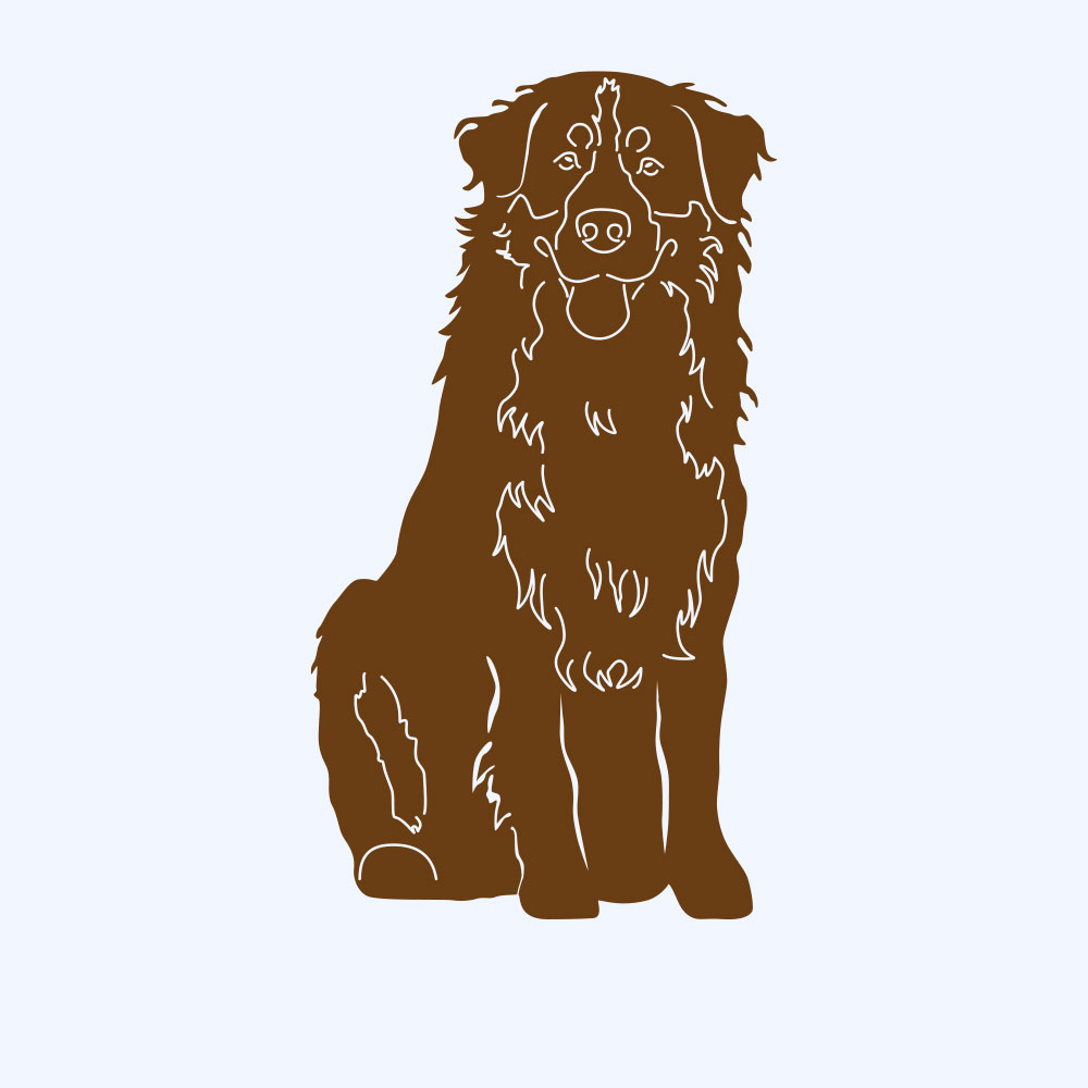 Rostfigur-Prototyp – rostbraun eingefärbte Form der Hunderasse Berner Sennenhund sitzend