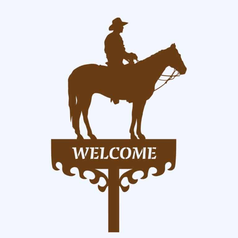 Rostbraun eingefärbter Prototyp der Rostfigur Cowboy Willkommensschild